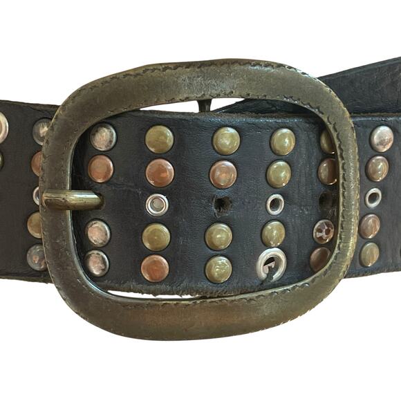Belt Vintage Cowhide Nailheads Studded Sequin Leather Jean Belt with Oval Buckle - Picture 9 of 16